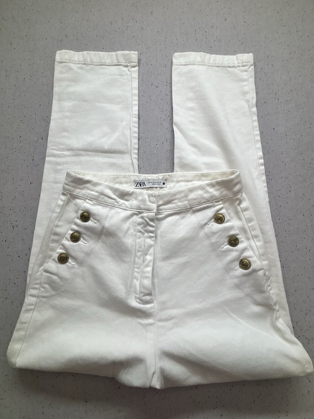 Zara White Sailor Jeans Medium USA M MEX 28 Nautical Gold Button High Rise